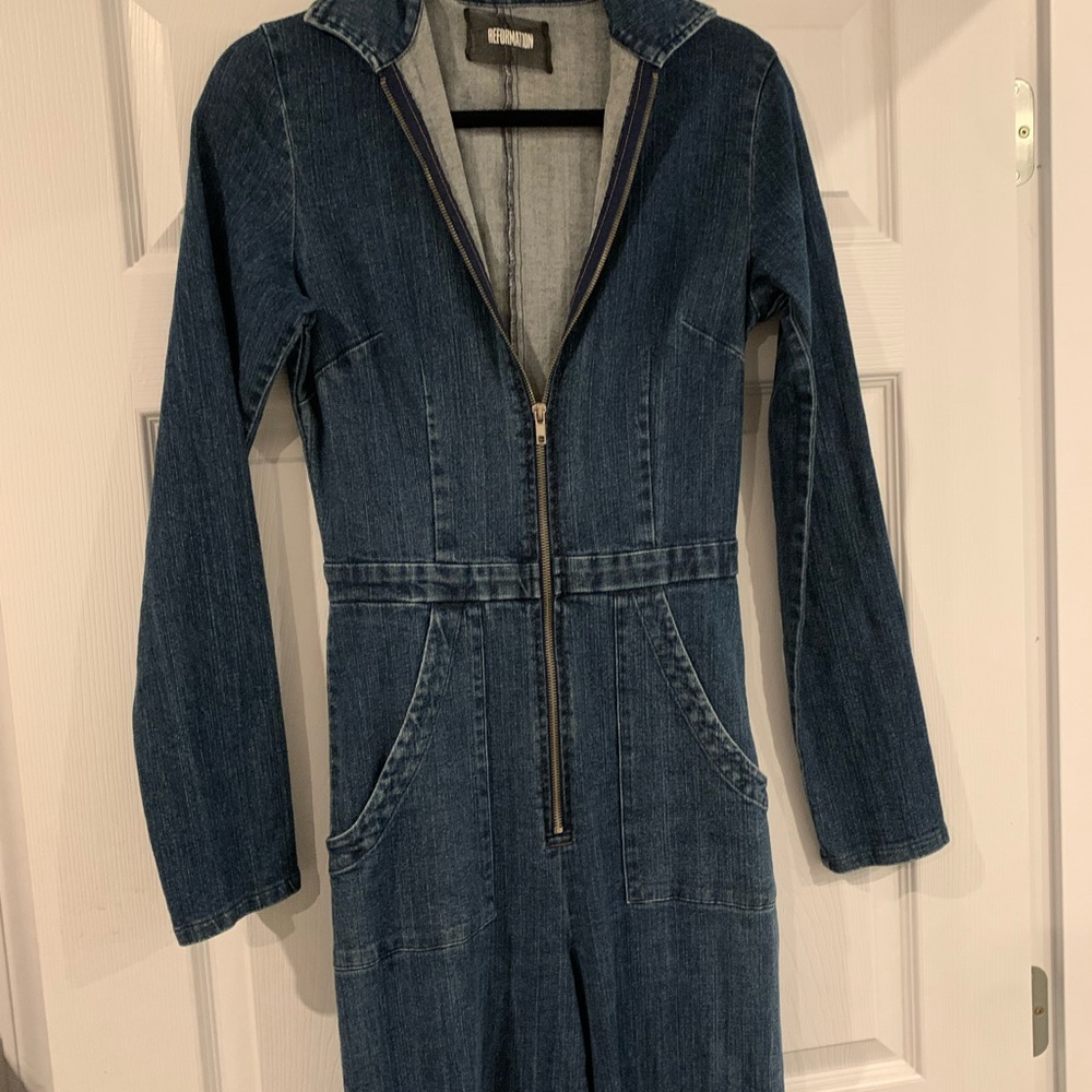 The reformation; one piece jean suit